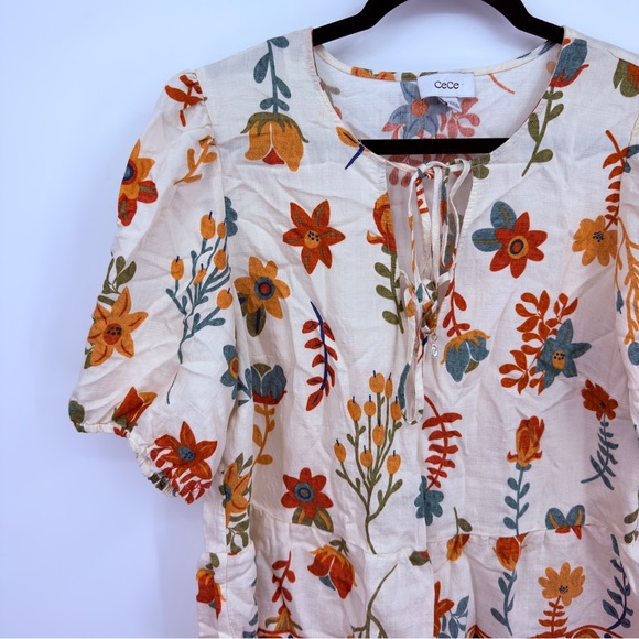 CeCe Floral Boho Peplum Blouse Puff Sleeve Tie Neck Top Size Large - Picture 4 of 6